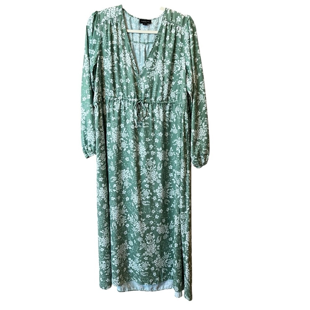 Summersalt Cinched Waist Long Sleeve Caftan Maxi Dress Green Floral Small Beach